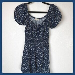 Altar'd State Cottagecore Navy Floral‎ Puff Sleeve Smocked Dress